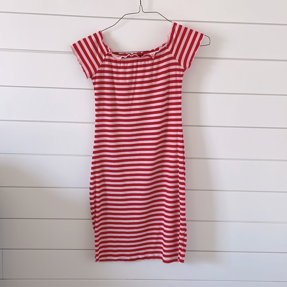 Red and White Stripe Fitted Dress (Size Large)